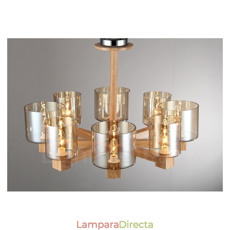 Lámpara de araña de estilo nórdico contemporáneo moderno de 8 luces de madera con pantalla de cristal