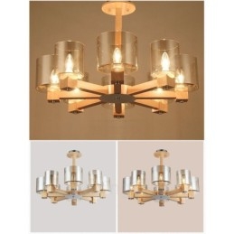 Lámpara de araña de estilo nórdico contemporáneo moderno de 8 luces de madera con pantalla de cristal