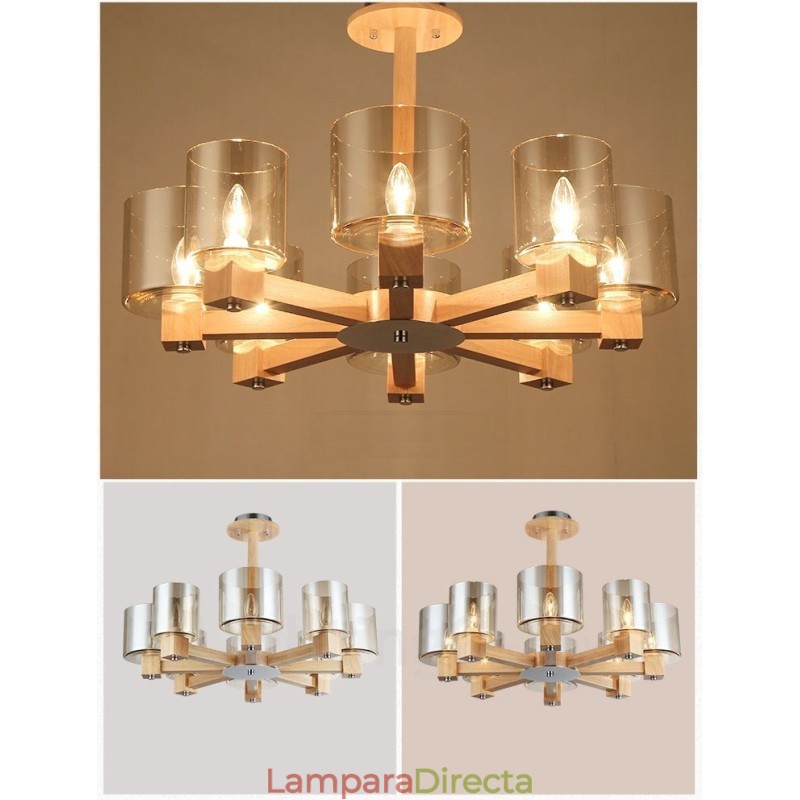 Lámpara de araña de estilo nórdico contemporáneo moderno de 8 luces de madera con pantalla de cristal
