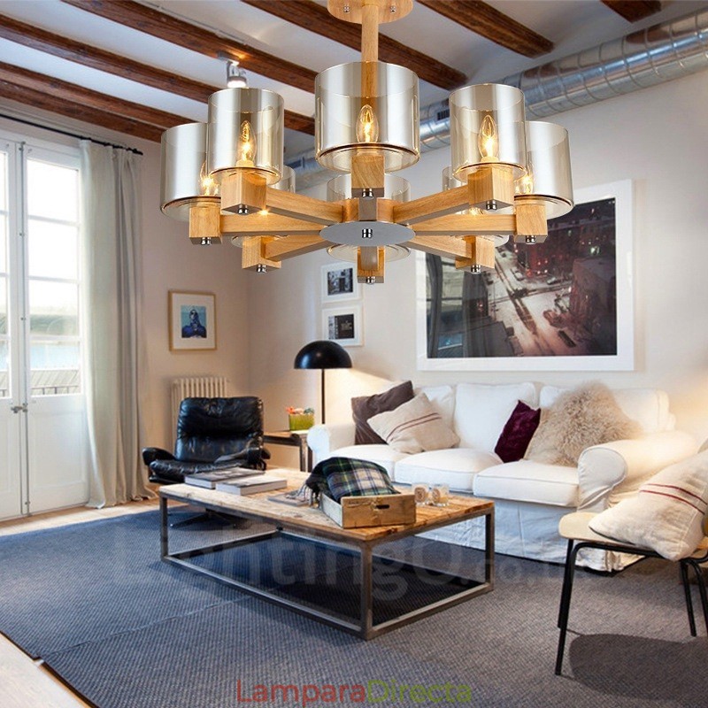 Lámpara de araña de estilo nórdico contemporáneo moderno de 8 luces de madera con pantalla de cristal