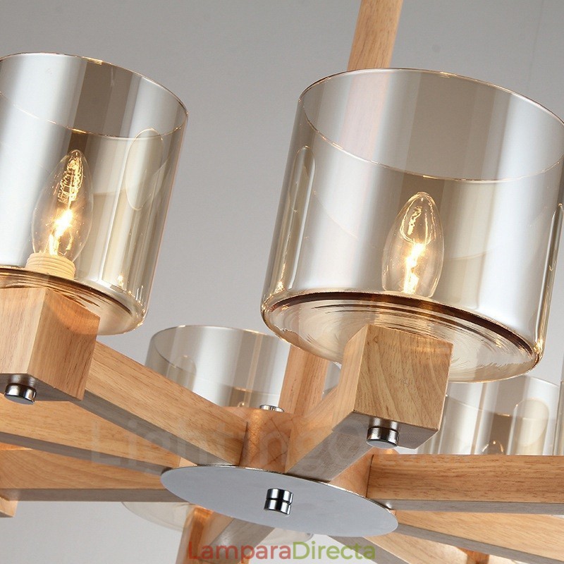 Lámpara de araña de estilo nórdico contemporáneo moderno de 8 luces de madera con pantalla de cristal