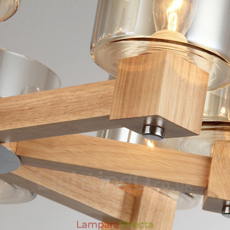 Lámpara de araña de estilo nórdico contemporáneo moderno de 8 luces de madera con pantalla de cristal