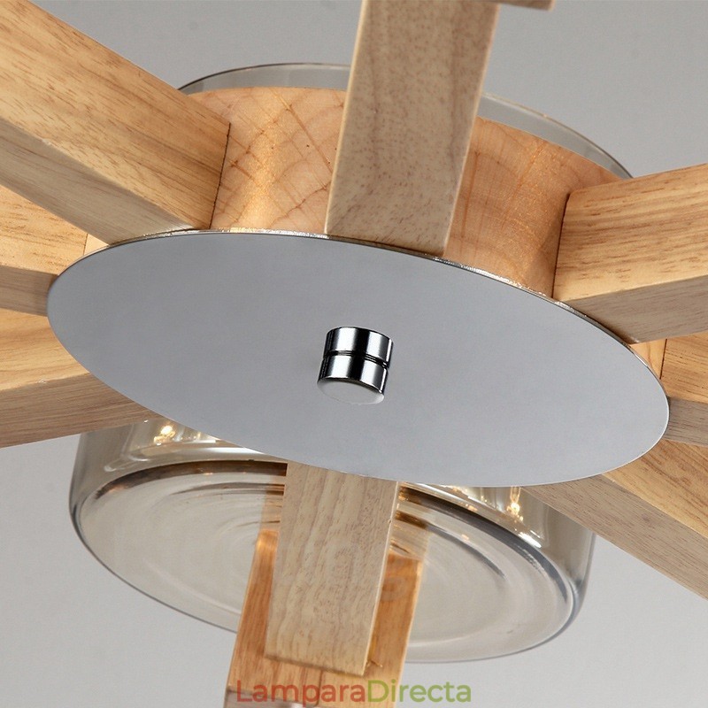 Lámpara de araña de estilo nórdico contemporáneo moderno de 8 luces de madera con pantalla de cristal