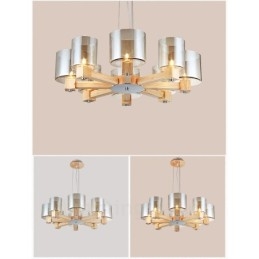 Lámpara de araña de estilo nórdico contemporáneo moderno de 8 luces de madera con pantalla de cristal