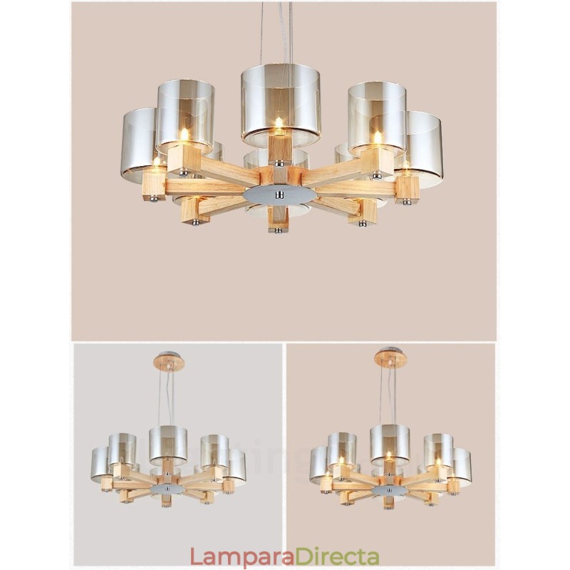 Lámpara de araña de estilo nórdico contemporáneo moderno de 8 luces de madera con pantalla de cristal