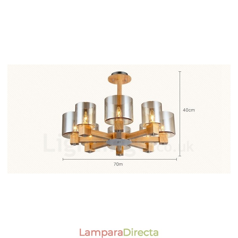 Lámpara de araña de estilo nórdico contemporáneo moderno de 8 luces de madera con pantalla de cristal