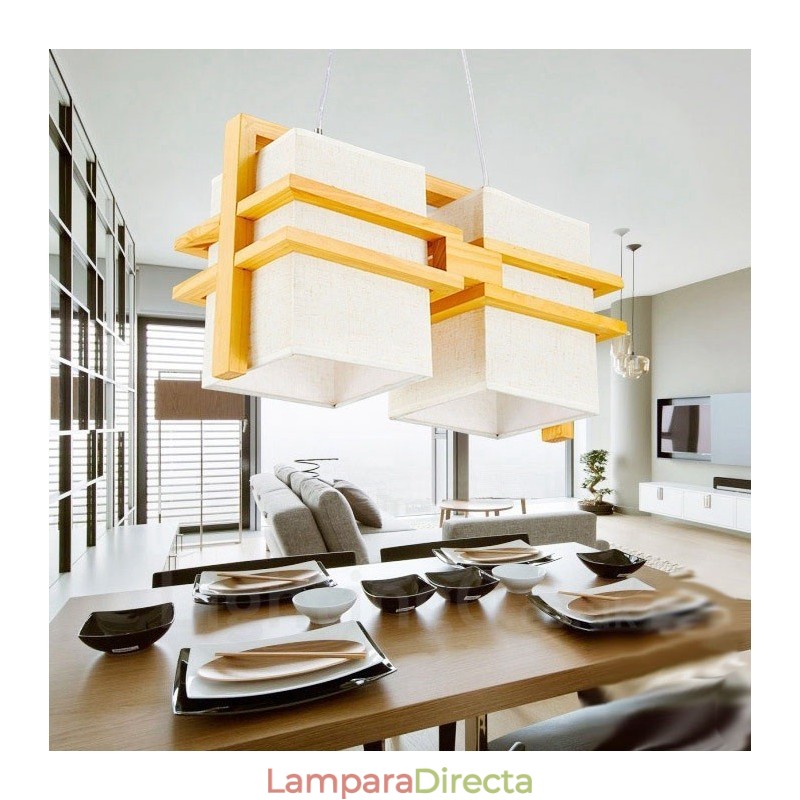 Lámpara colgante retro vintage de madera de 2 luces con pantalla de tela