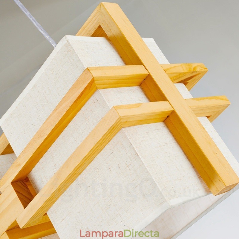 Lámpara colgante retro vintage de madera de 2 luces con pantalla de tela