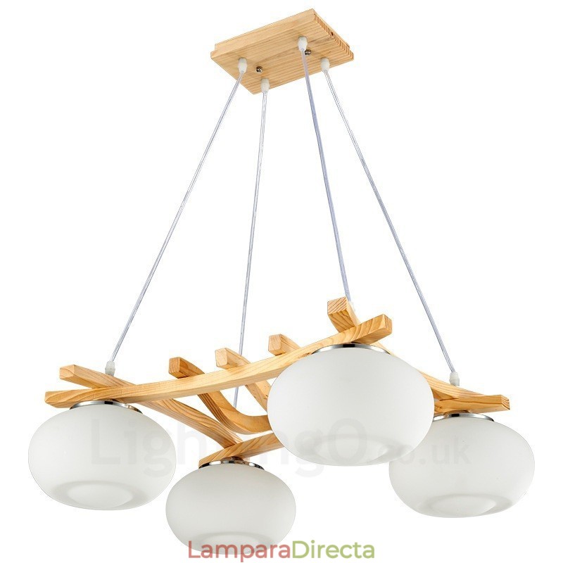 Lámpara colgante rústica de madera de 4 luces con pantalla de vidrio