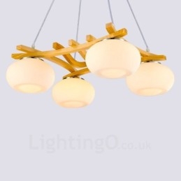 Lámpara colgante rústica de madera de 4 luces con pantalla de vidrio