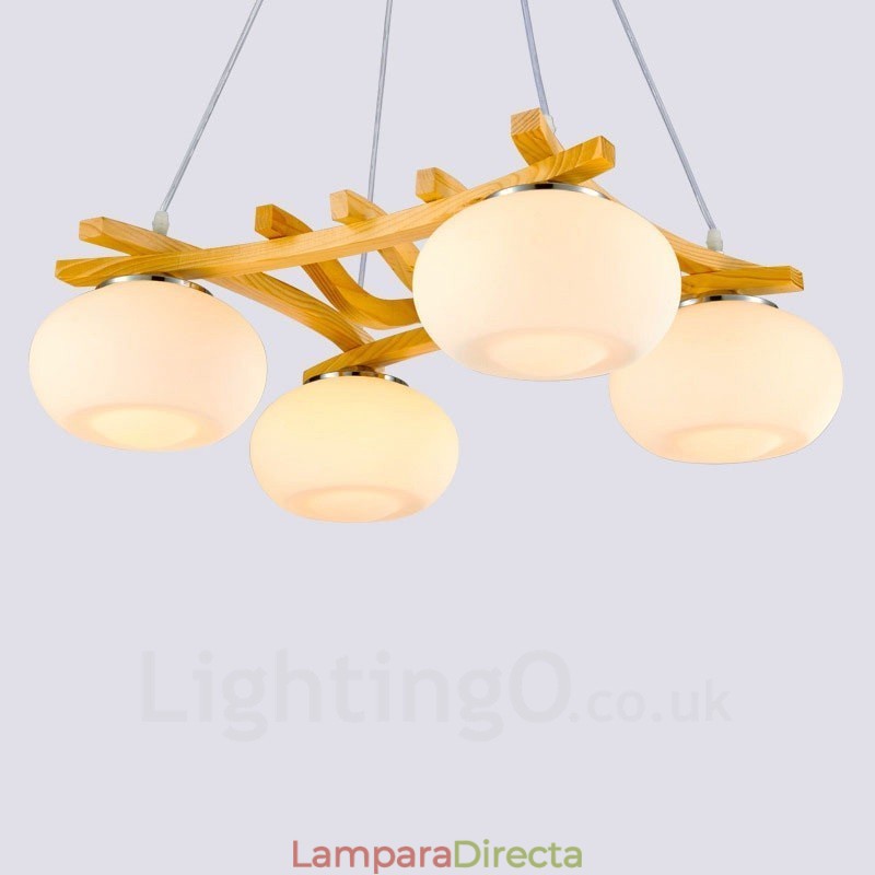 Lámpara colgante rústica de madera de 4 luces con pantalla de vidrio