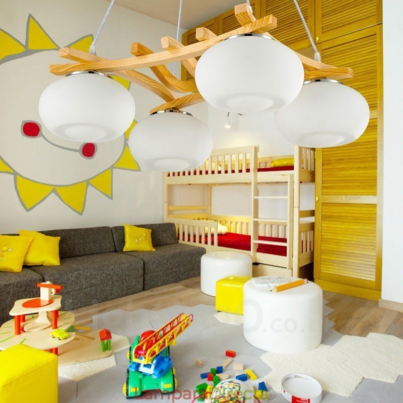 Lámpara colgante rústica de madera de 4 luces con pantalla de vidrio