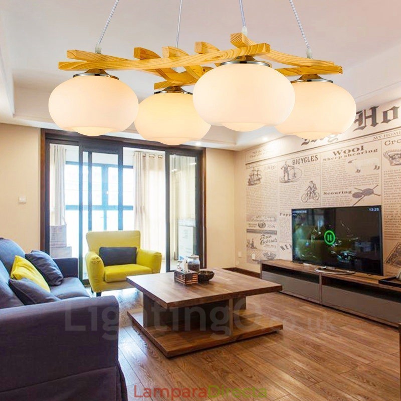 Lámpara colgante rústica de madera de 4 luces con pantalla de vidrio