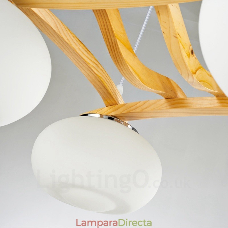 Lámpara colgante rústica de madera de 4 luces con pantalla de vidrio