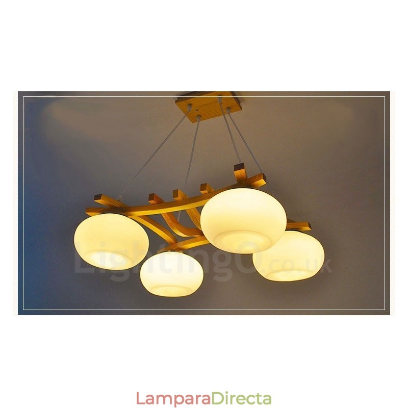 Lámpara colgante rústica de madera de 4 luces con pantalla de vidrio