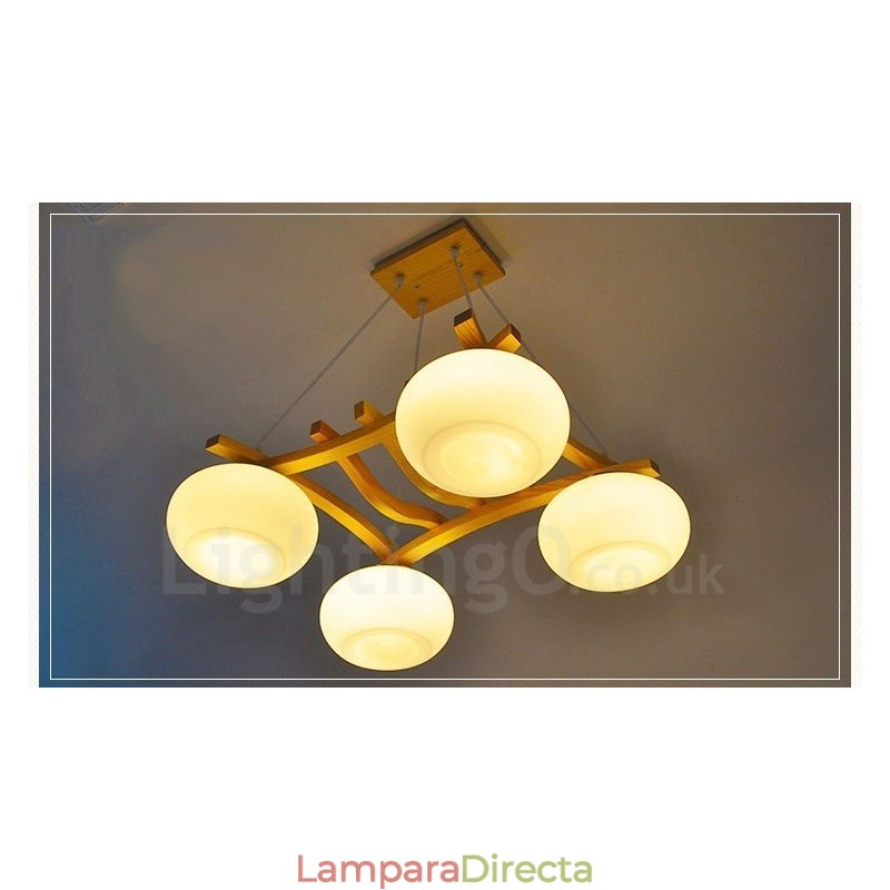 Lámpara colgante rústica de madera de 4 luces con pantalla de vidrio
