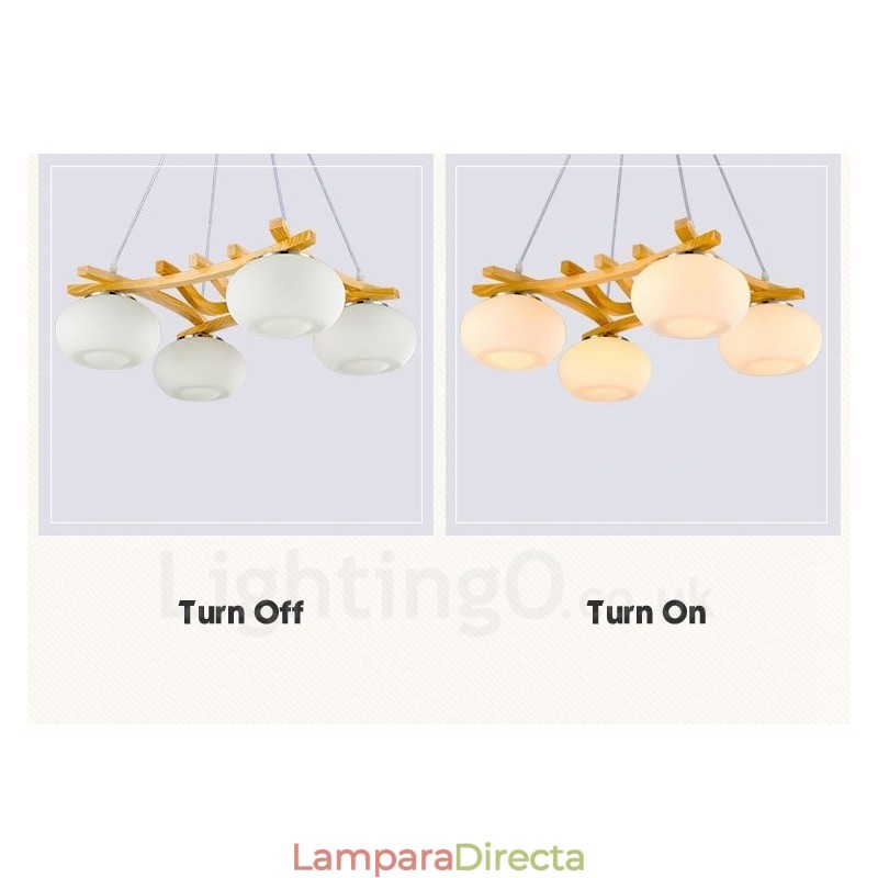 Lámpara colgante rústica de madera de 4 luces con pantalla de vidrio