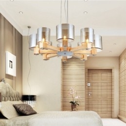 Lámpara colgante de estilo nórdico contemporáneo moderno de madera de 8 luces con pantalla de vidrio