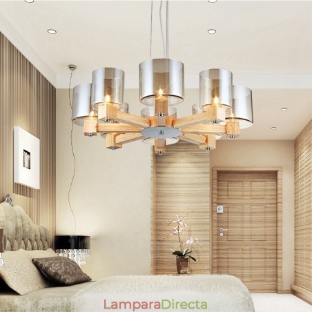 Lámpara colgante de estilo nórdico contemporáneo moderno de madera de 8 luces con pantalla de vidrio Lámpara colgante de estilo nórdico contemporáneo moderno de madera de 8 luces con pantalla de vidrio
