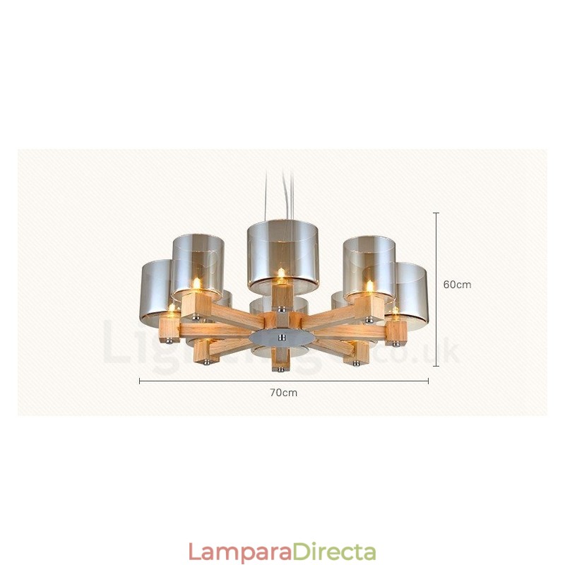 Lámpara colgante de estilo nórdico contemporáneo moderno de madera de 8 luces con pantalla de vidrio