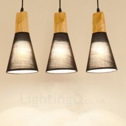 Lámpara colgante contemporánea moderna de madera de 3 luces con pantalla de tela
