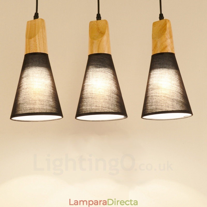 Lámpara colgante contemporánea moderna de madera de 3 luces con pantalla de tela