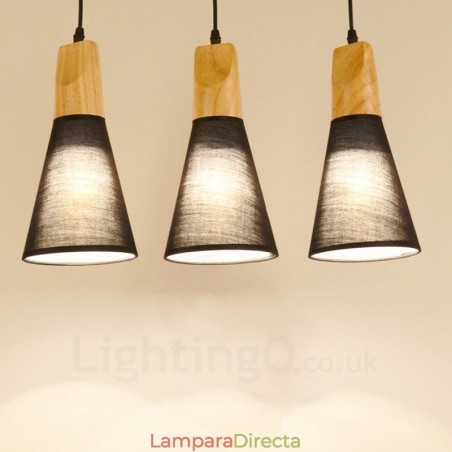 Lámpara colgante contemporánea moderna de madera de 3 luces con pantalla de tela Lámpara colgante contemporánea moderna de madera de 3 luces con pantalla de tela
