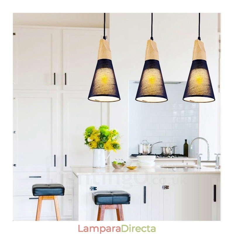 Lámpara colgante contemporánea moderna de madera de 3 luces con pantalla de tela