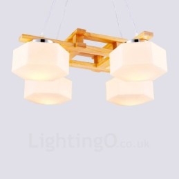 Lámpara colgante de estilo nórdico contemporáneo moderno de madera de 4 luces con pantalla de vidrio
