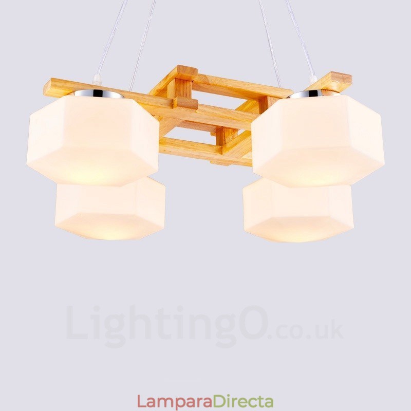 Lámpara colgante de estilo nórdico contemporáneo moderno de madera de 4 luces con pantalla de vidrio