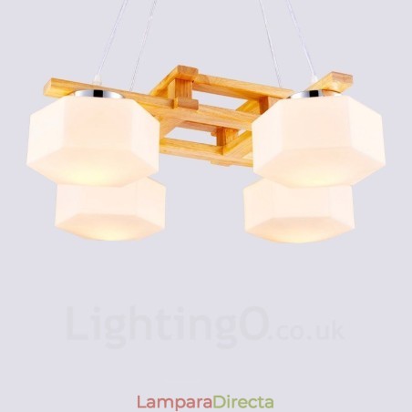 Lámpara colgante de estilo nórdico contemporáneo moderno de madera de 4 luces con pantalla de vidrio Lámpara colgante de estilo nórdico contemporáneo moderno de madera de 4 luces con pantalla de vidrio