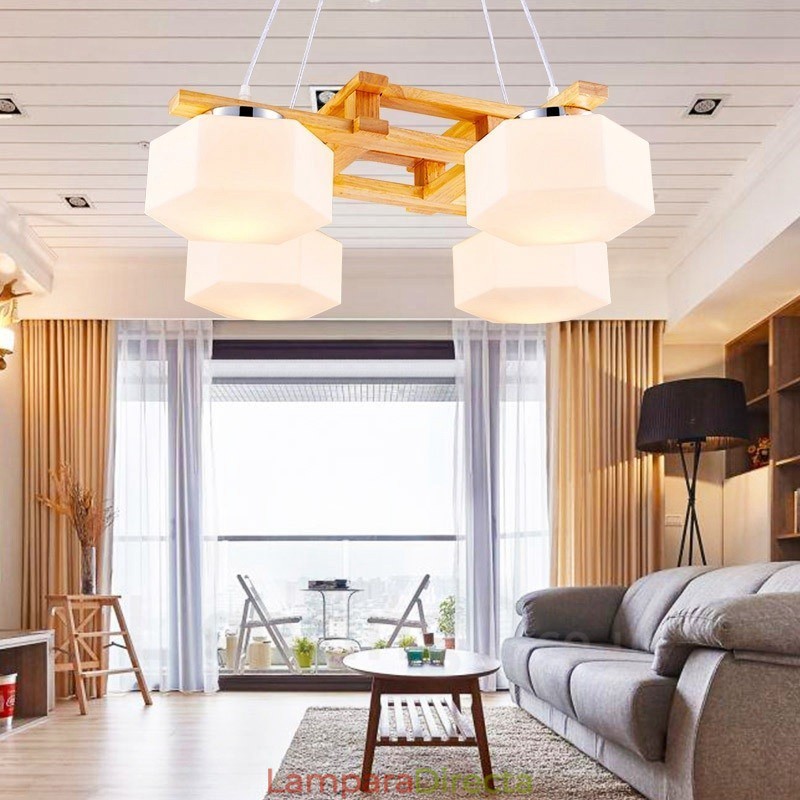 Lámpara colgante de estilo nórdico contemporáneo moderno de madera de 4 luces con pantalla de vidrio