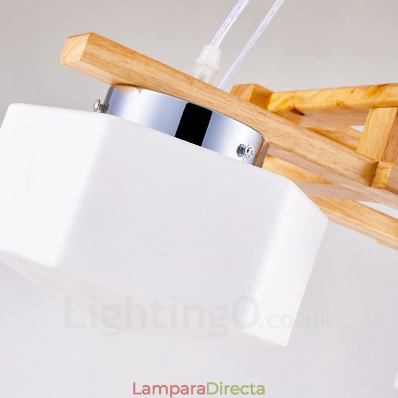Lámpara colgante de estilo nórdico contemporáneo moderno de madera de 4 luces con pantalla de vidrio