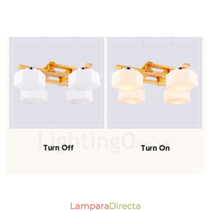 Lámpara colgante de estilo nórdico contemporáneo moderno de madera de 4 luces con pantalla de vidrio