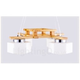 Lámpara colgante de estilo nórdico contemporáneo moderno de madera de 4 luces con pantalla de vidrio