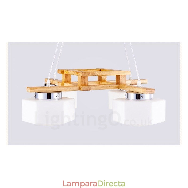 Lámpara colgante de estilo nórdico contemporáneo moderno de madera de 4 luces con pantalla de vidrio