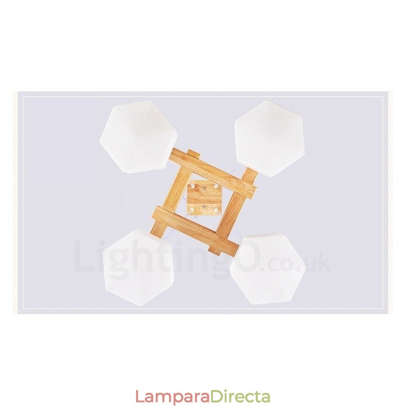 Lámpara colgante de estilo nórdico contemporáneo moderno de madera de 4 luces con pantalla de vidrio