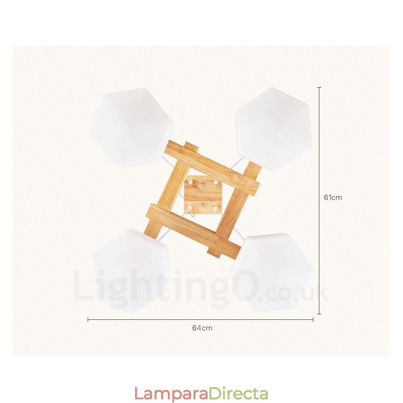 Lámpara colgante de estilo nórdico contemporáneo moderno de madera de 4 luces con pantalla de vidrio