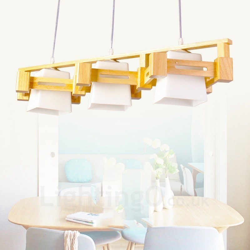 Lámpara colgante de 3 luces de madera moderna de estilo nórdico contemporáneo con pantalla de tela
