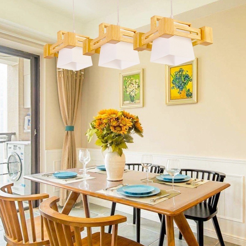 Lámpara colgante de 3 luces de madera moderna de estilo nórdico contemporáneo con pantalla de tela