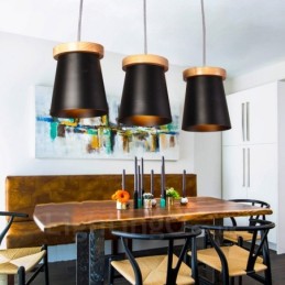 Lámpara colgante de 3 luces de madera moderna de estilo nórdico contemporáneo con pantalla de hierro