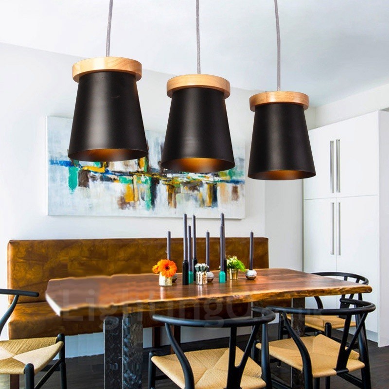 Lámpara colgante de 3 luces de madera moderna de estilo nórdico contemporáneo con pantalla de hierro
