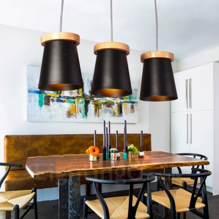Lámpara colgante de 3 luces de madera moderna de estilo nórdico contemporáneo con pantalla de hierro Lámpara colgante de 3 luces de madera moderna de estilo nórdico contemporáneo con pantalla de hierro