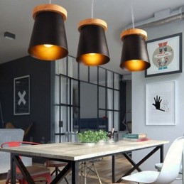 Lámpara colgante de 3 luces de madera moderna de estilo nórdico contemporáneo con pantalla de hierro