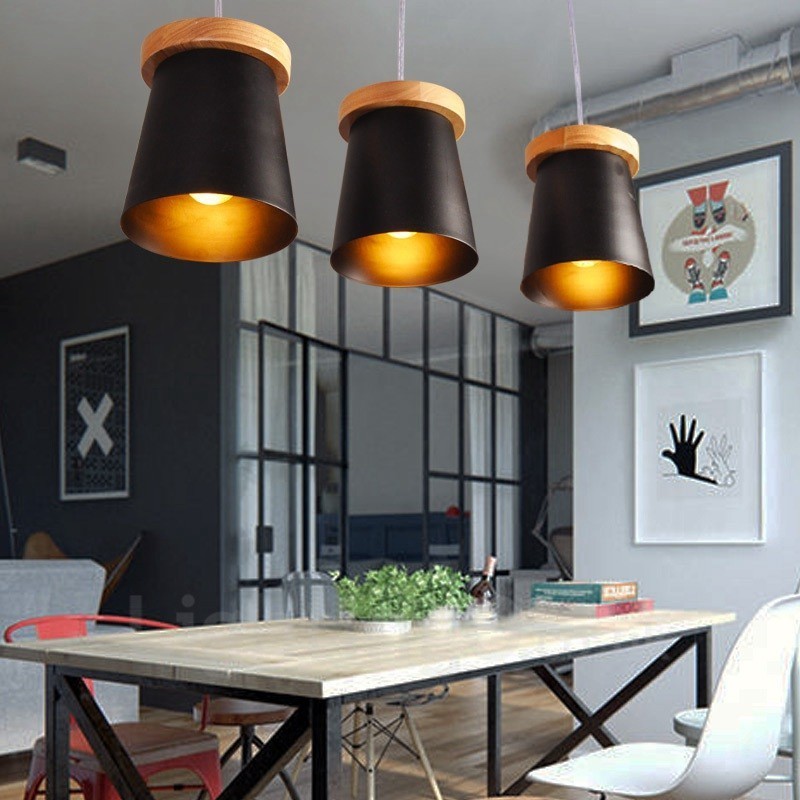 Lámpara colgante de 3 luces de madera moderna de estilo nórdico contemporáneo con pantalla de hierro