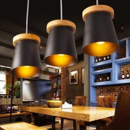 Lámpara colgante de 3 luces de madera moderna de estilo nórdico contemporáneo con pantalla de hierro