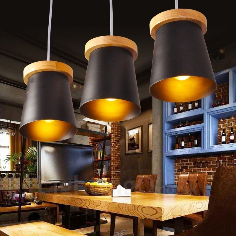 Lámpara colgante de 3 luces de madera moderna de estilo nórdico contemporáneo con pantalla de hierro