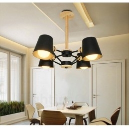 Lámpara colgante de estilo nórdico contemporáneo moderno de madera de 4 luces con pantalla de hierro