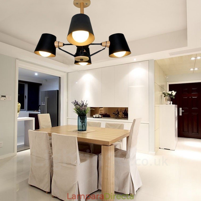 Lámpara colgante de estilo nórdico contemporáneo moderno de madera de 4 luces con pantalla de hierro