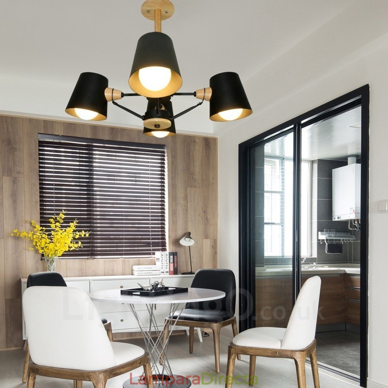Lámpara colgante de estilo nórdico contemporáneo moderno de madera de 4 luces con pantalla de hierro